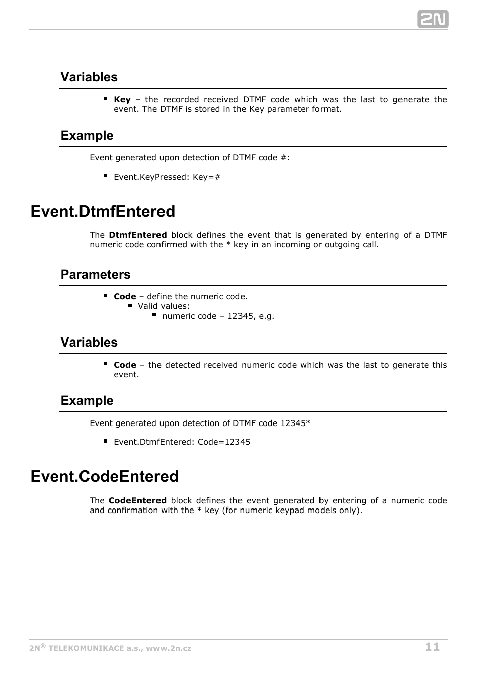 Dtmfentered, Dtmf-received in call numeric code detected, Codeentered | Event.dtmfentered, Event.codeentered, Variables, Example, Parameters | 2N Helios IP Automation Manual v2.8 User Manual | Page 11 / 43