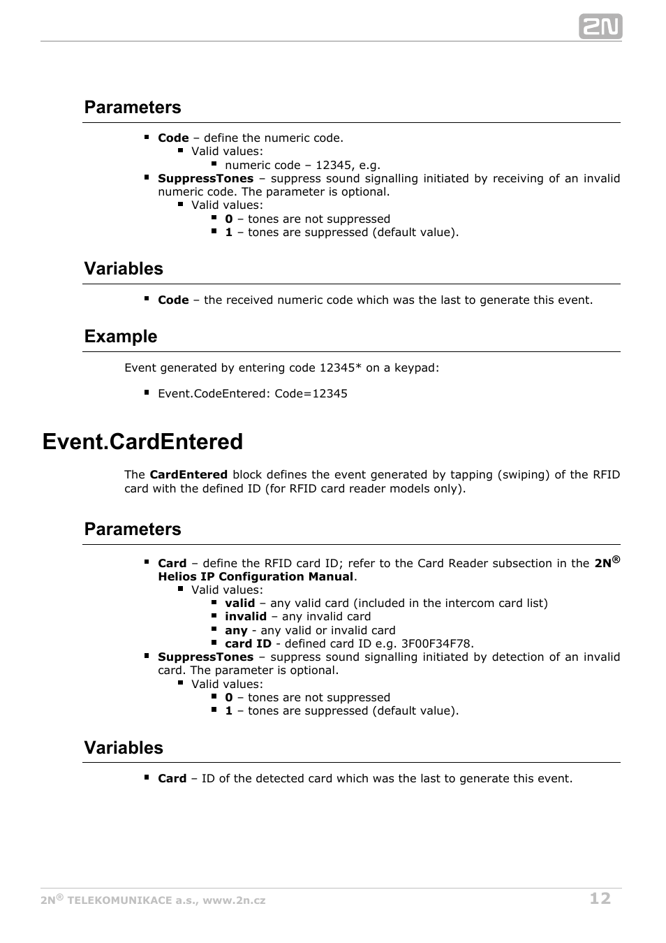 Cardentered, Rfid card entered, Event.cardentered | Parameters, Variables, Example | 2N Helios IP Automation Manual v2.8 User Manual | Page 12 / 43