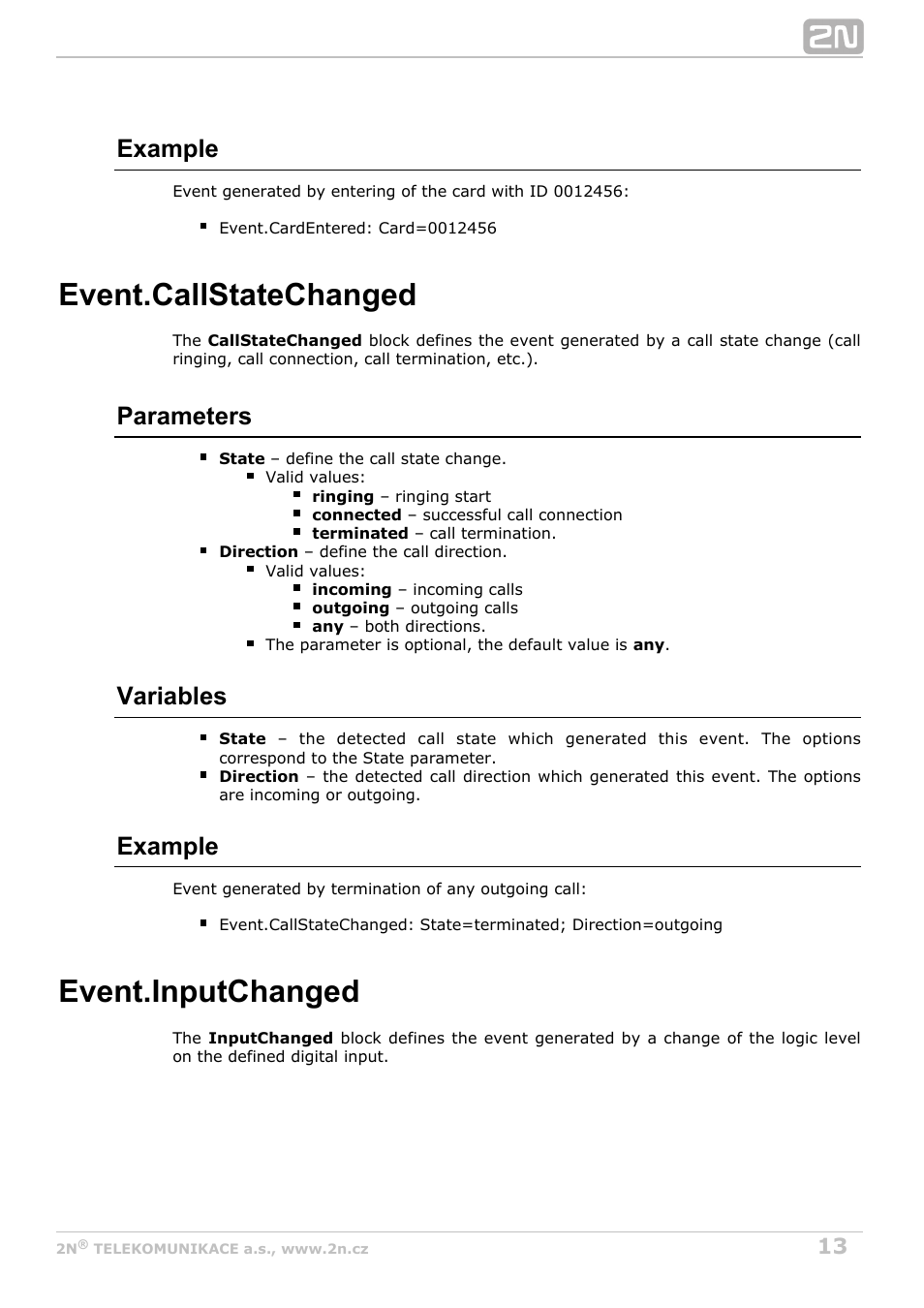 Callstatechanged, Call state changed, Inputchanged | Event.callstatechanged, Event.inputchanged, Example, Parameters, Variables | 2N Helios IP Automation Manual v2.8 User Manual | Page 13 / 43