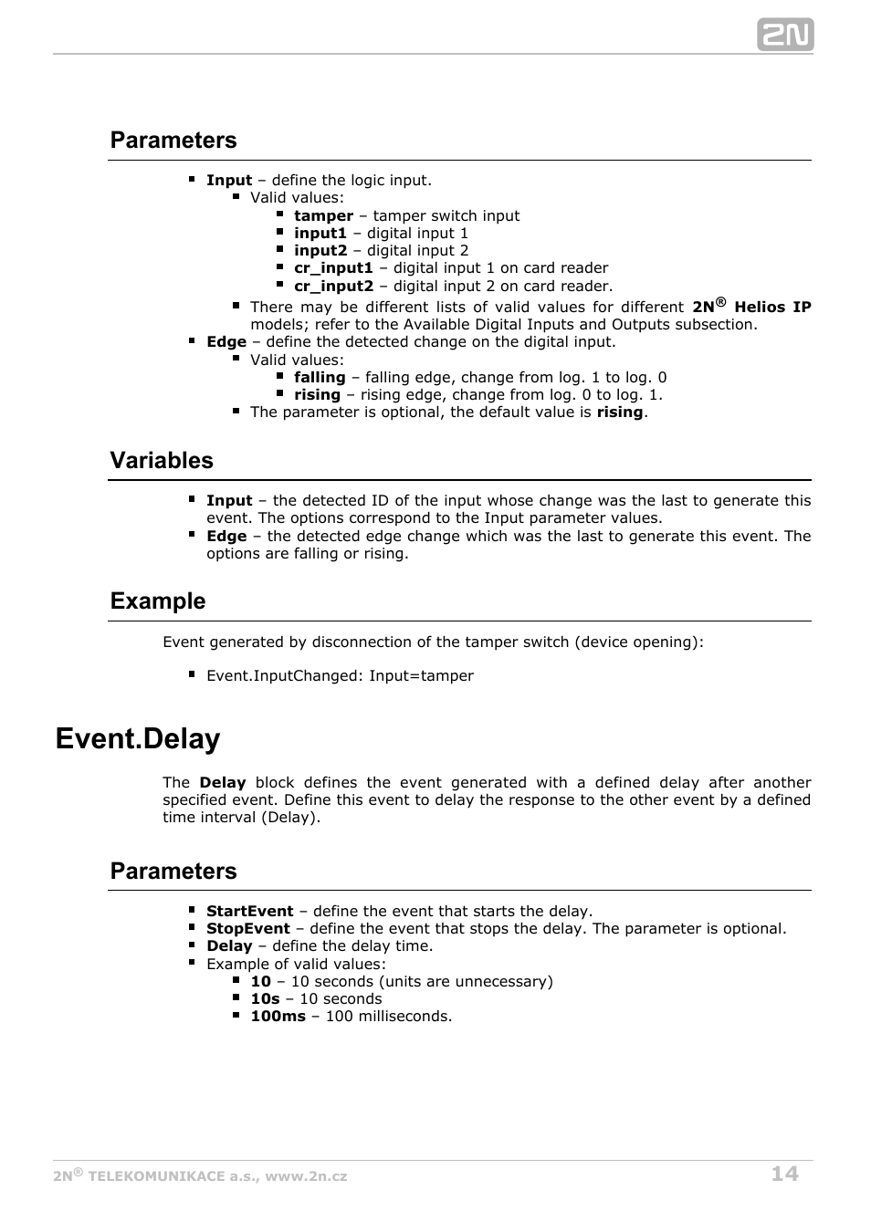 Delay, Delay defined, Event.delay | Parameters, Variables, Example | 2N Helios IP Automation Manual v2.8 User Manual | Page 14 / 43