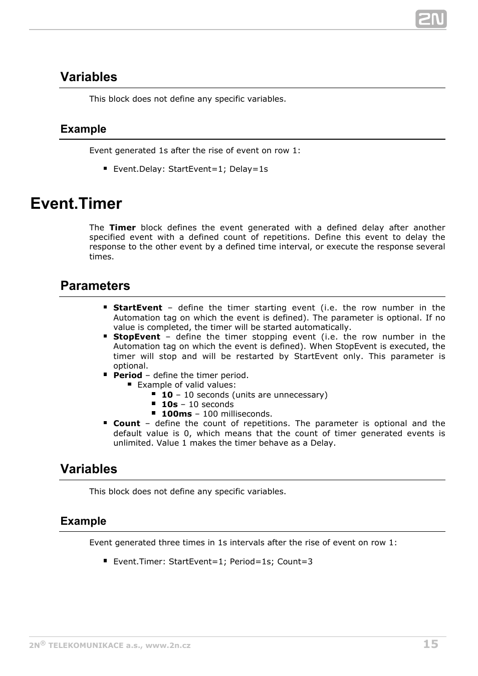 Timer, Periodical event timer, Event.timer | Variables, Parameters, Example | 2N Helios IP Automation Manual v2.8 User Manual | Page 15 / 43