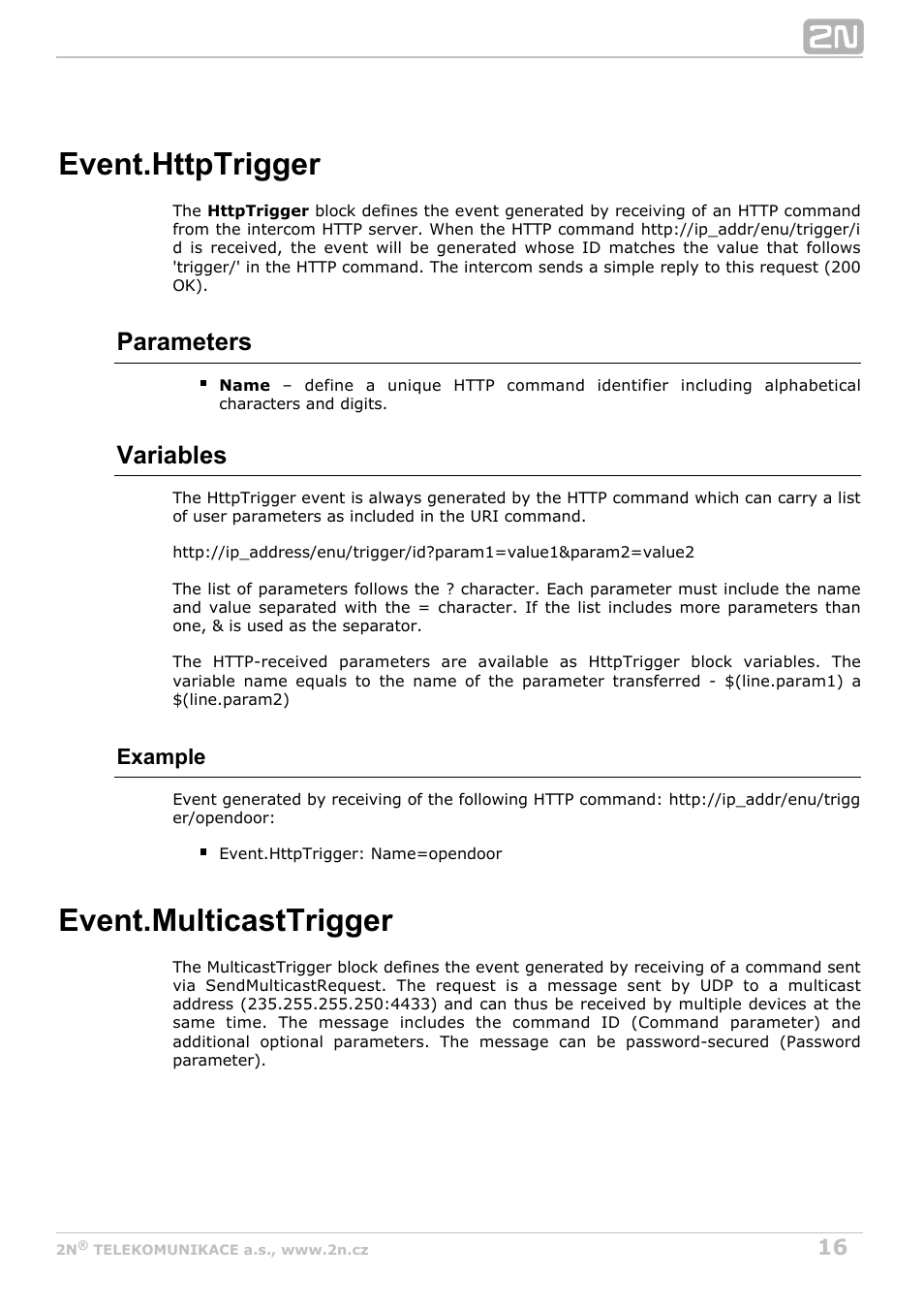Httptrigger, Http command received, Multicasttrigger | Event.multicasttrigger, Parameters, Variables, Example | 2N Helios IP Automation Manual v2.8 User Manual | Page 16 / 43
