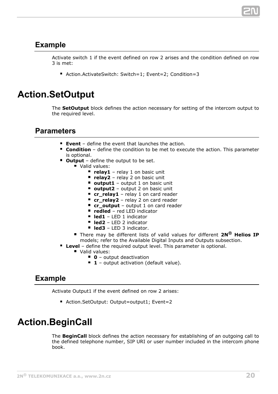 Setoutput, Digital output state setting, Begincall | Action.setoutput, Action.begincall, Example, Parameters | 2N Helios IP Automation Manual v2.8 User Manual | Page 20 / 43