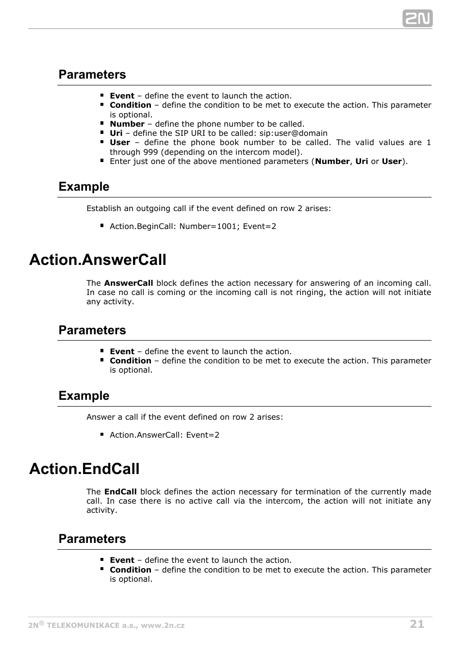 Answercall, Endcall, Action.answercall | Action.endcall, Parameters, Example | 2N Helios IP Automation Manual v2.8 User Manual | Page 21 / 43
