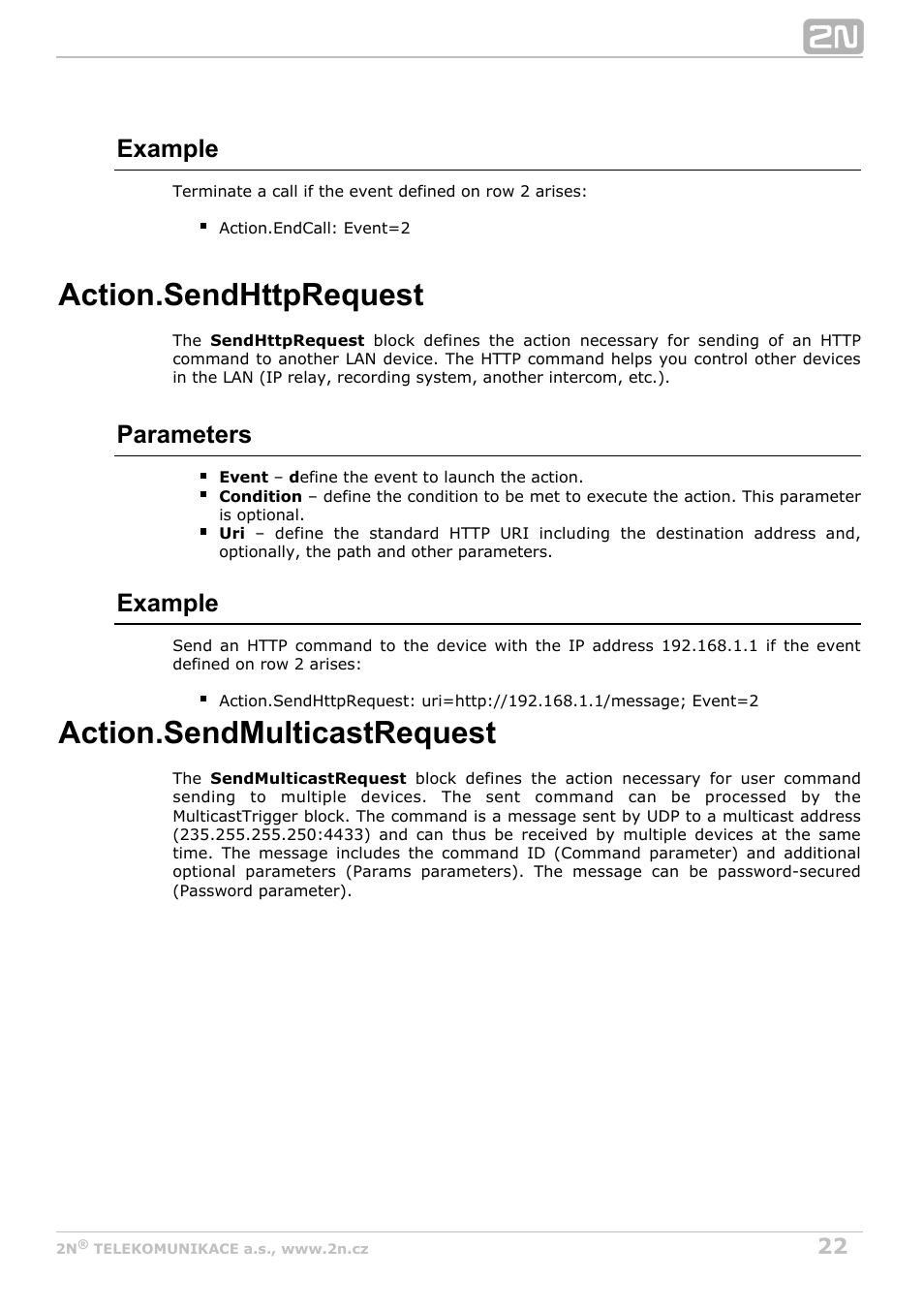 Sendhttprequest, Http command sending, Sendmulticastrequest | Command sending to multiple devices, Action.sendmulticastrequest, Example, Parameters | 2N Helios IP Automation Manual v2.8 User Manual | Page 22 / 43