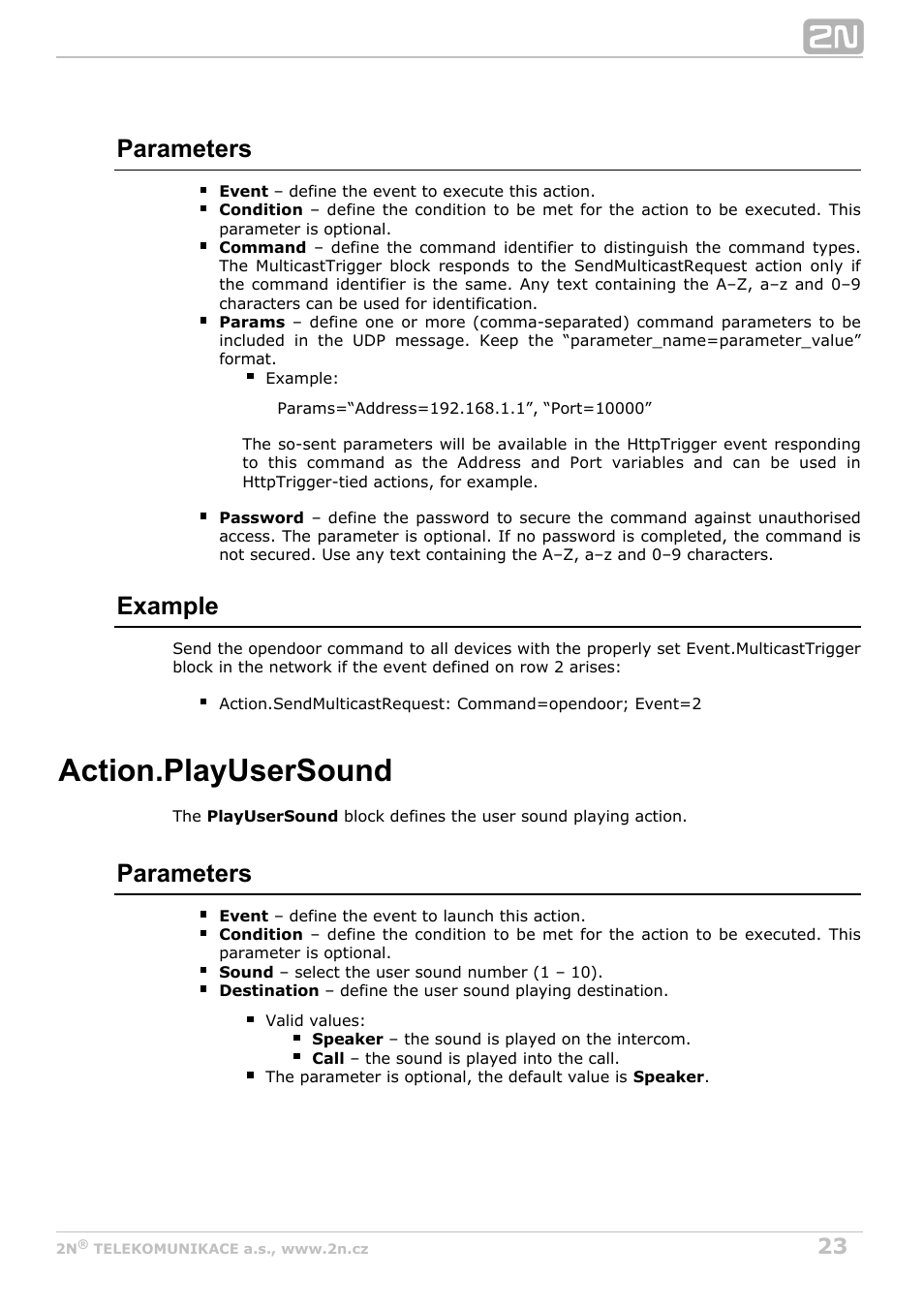 Playusersound, Action.playusersound, Parameters | Example | 2N Helios IP Automation Manual v2.8 User Manual | Page 23 / 43