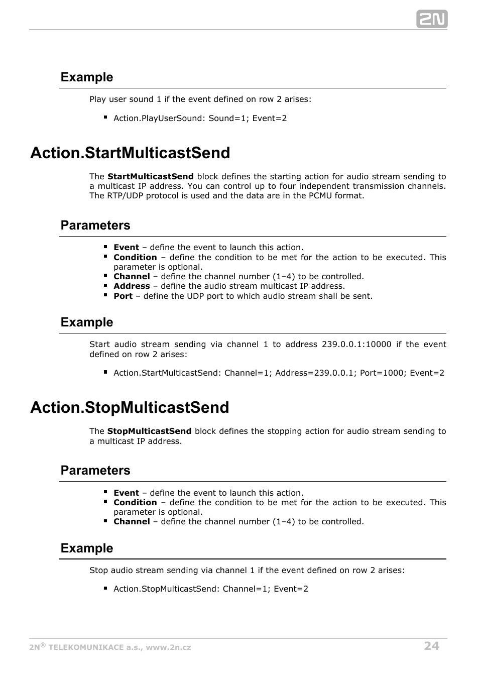 Startmulticastsend, Audio stream sending start, Stopmulticastsend | Audio stream sending stop, Action.startmulticastsend, Action.stopmulticastsend, Example, Parameters | 2N Helios IP Automation Manual v2.8 User Manual | Page 24 / 43