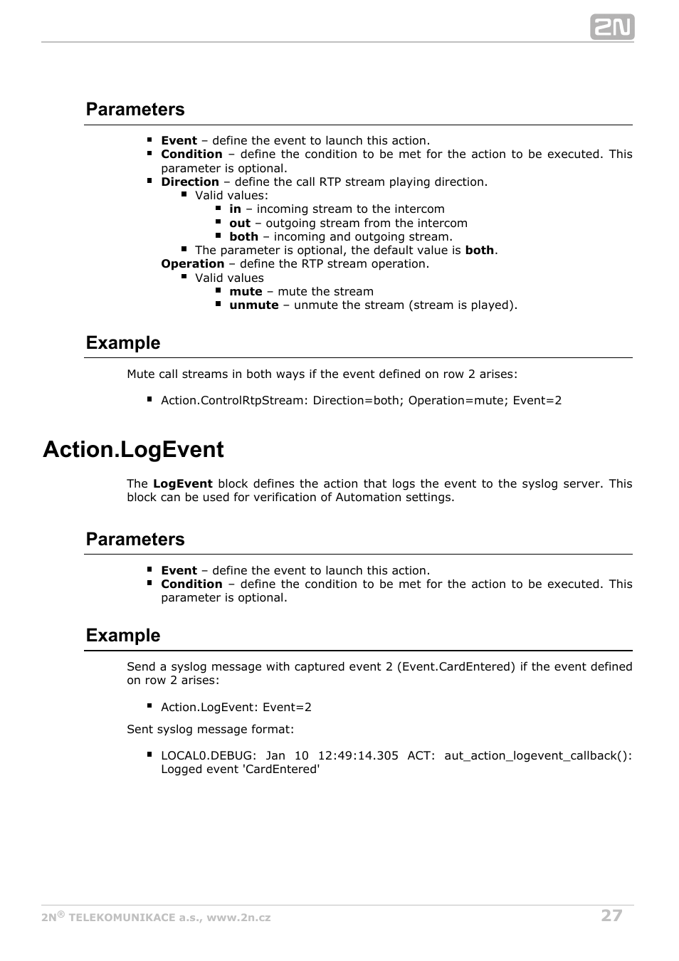 Logevent, Event logging to the syslog server, Action.logevent | Parameters, Example | 2N Helios IP Automation Manual v2.8 User Manual | Page 27 / 43