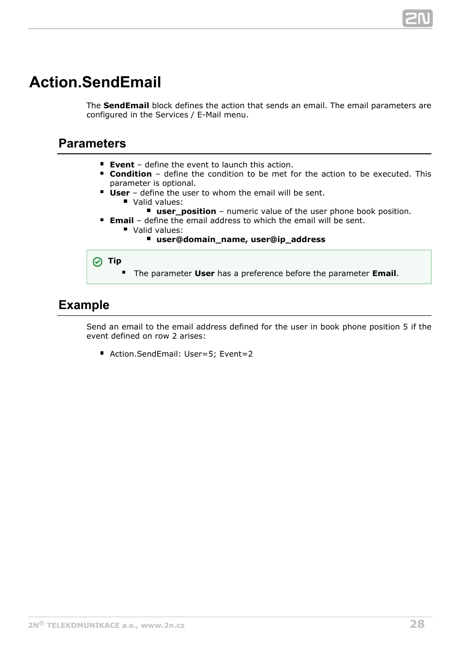 Sendemail, Action.sendemail, Parameters | Example | 2N Helios IP Automation Manual v2.8 User Manual | Page 28 / 43