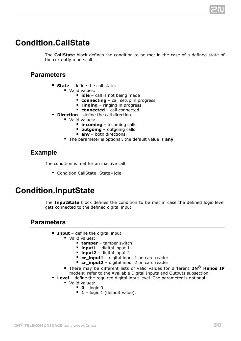 Callstate, Current call state, Inputstate | Digital input state, Condition.callstate, Condition.inputstate, Parameters, Example | 2N Helios IP Automation Manual v2.8 User Manual | Page 30 / 43