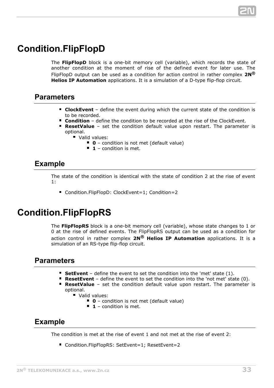Flipflopd, Flipfloprs, Rs-type flip-flop | Condition.flipflopd, Condition.flipfloprs, Parameters, Example | 2N Helios IP Automation Manual v2.8 User Manual | Page 33 / 43