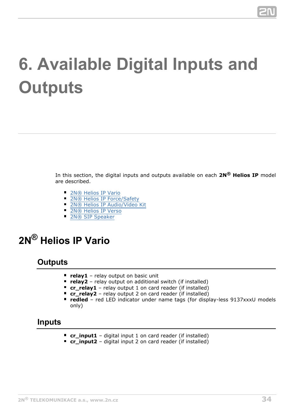 Available digital inputs and outputs, 2n helios ip vario, Outputs | Inputs | 2N Helios IP Automation Manual v2.8 User Manual | Page 34 / 43