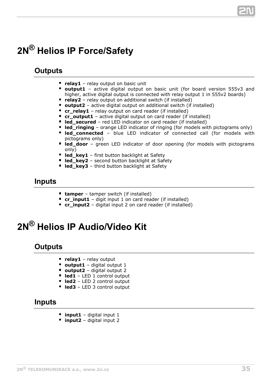 Helios ip force/safety, Helios ip audio/video kit, 2n helios ip force/safety | 2n helios ip audio/video kit, Outputs, Inputs | 2N Helios IP Automation Manual v2.8 User Manual | Page 35 / 43