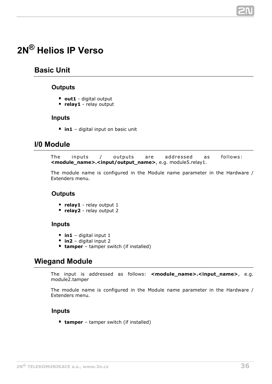 Helios ip verso, 2n helios ip verso, Basic unit | I/0 module, Wiegand module | 2N Helios IP Automation Manual v2.8 User Manual | Page 36 / 43