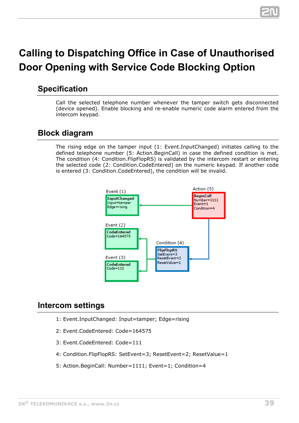Specification, Block diagram, Intercom settings | 2N Helios IP Automation Manual v2.8 User Manual | Page 39 / 43