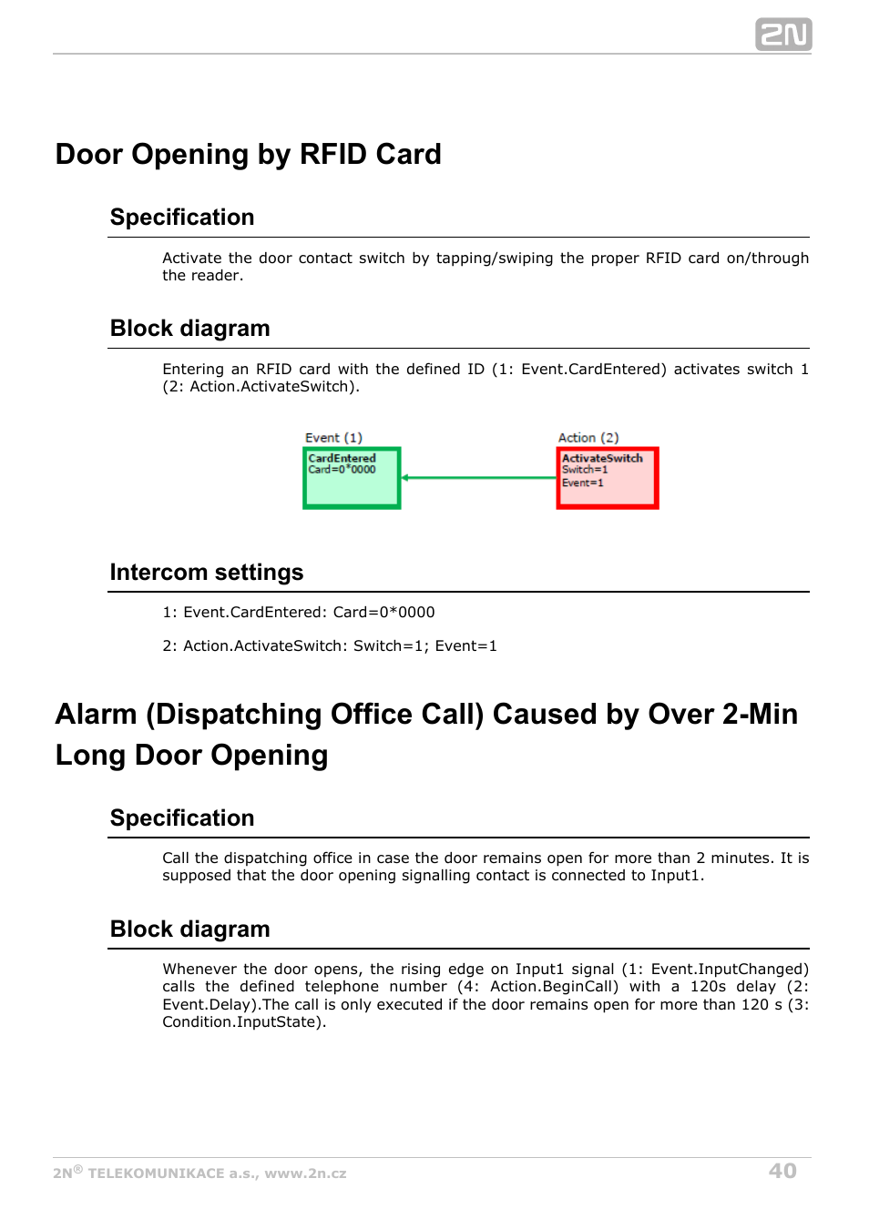 Door opening by rfid card, Specification, Block diagram | Intercom settings | 2N Helios IP Automation Manual v2.8 User Manual | Page 40 / 43