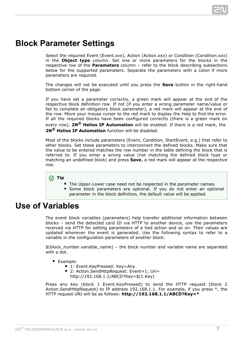 Block parameter settings, Use of variables | 2N Helios IP Automation Manual v2.8 User Manual | Page 7 / 43