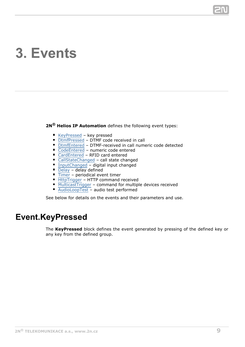 Events, Event.keypressed | 2N Helios IP Automation Manual v2.8 User Manual | Page 9 / 43