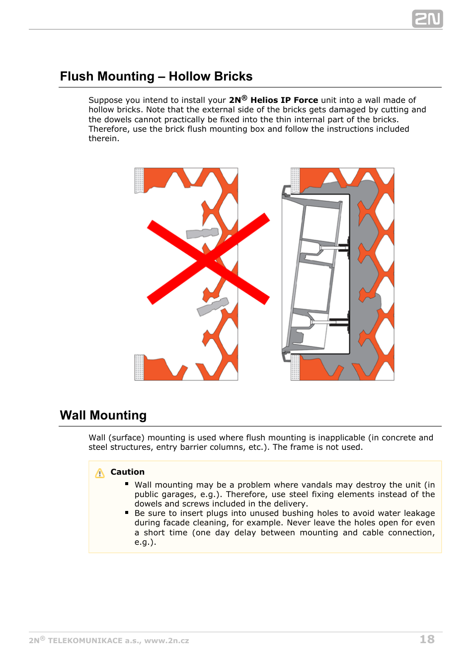 Flush mounting – hollow bricks, Wall mounting | 2N Helios IP Force User Manual | Page 18 / 65