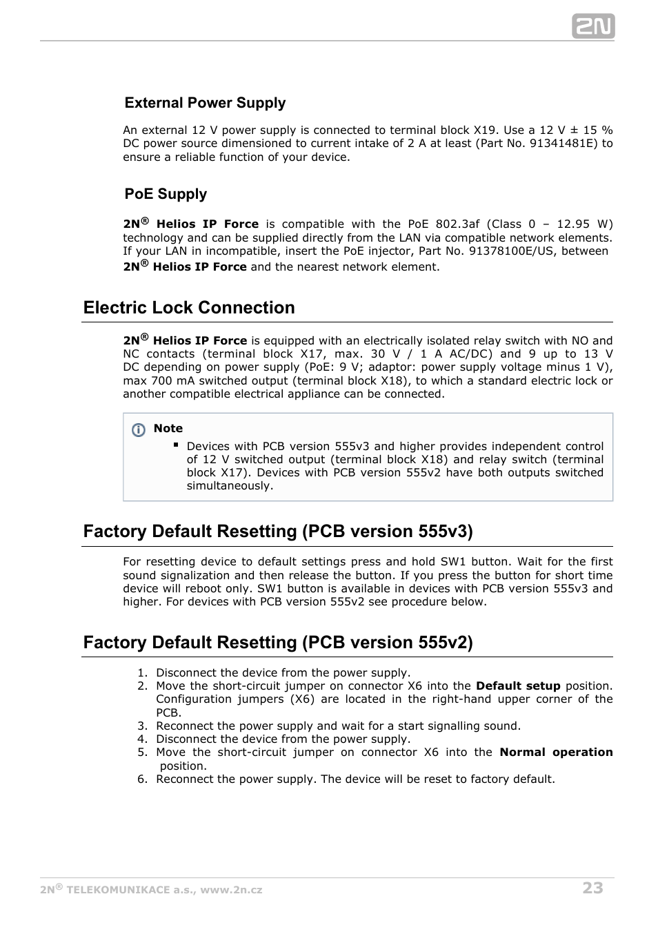 Electric lock connection, Factory default resetting (pcb version 555v3), Factory default resetting (pcb version 555v2) | External power supply, Poe supply | 2N Helios IP Force User Manual | Page 23 / 65