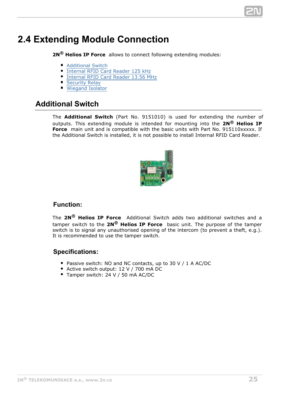 4 extending module connection, Additional switch, Function | Specifications | 2N Helios IP Force User Manual | Page 25 / 65
