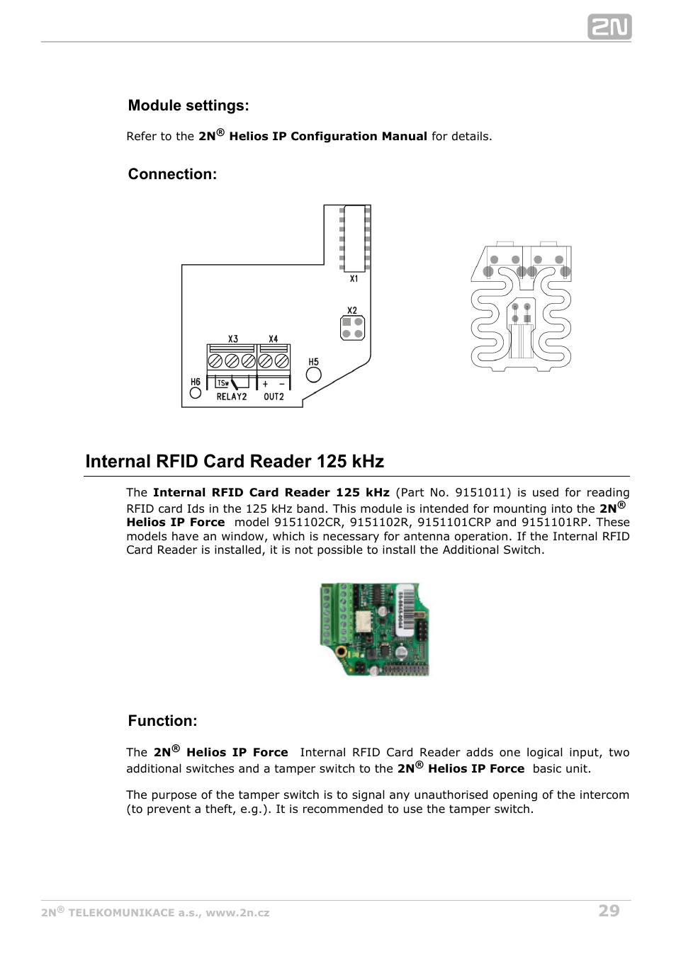 Internal rfid card reader 125 khz, Module settings, Connection | Function | 2N Helios IP Force User Manual | Page 29 / 65