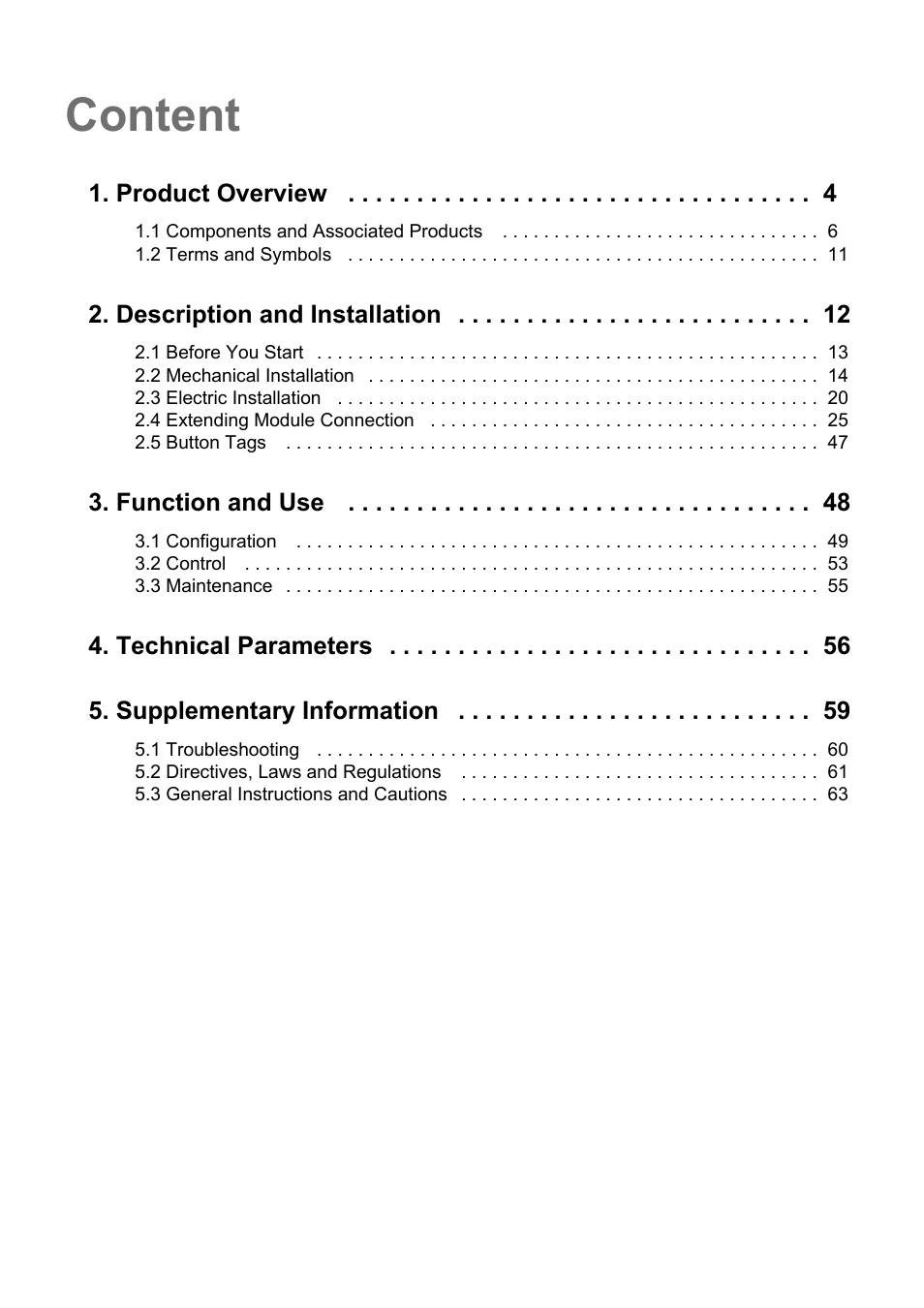 Content, Product overview, Description and installation | Function and use, Technical parameters 5. supplementary information | 2N Helios IP Force User Manual | Page 3 / 65