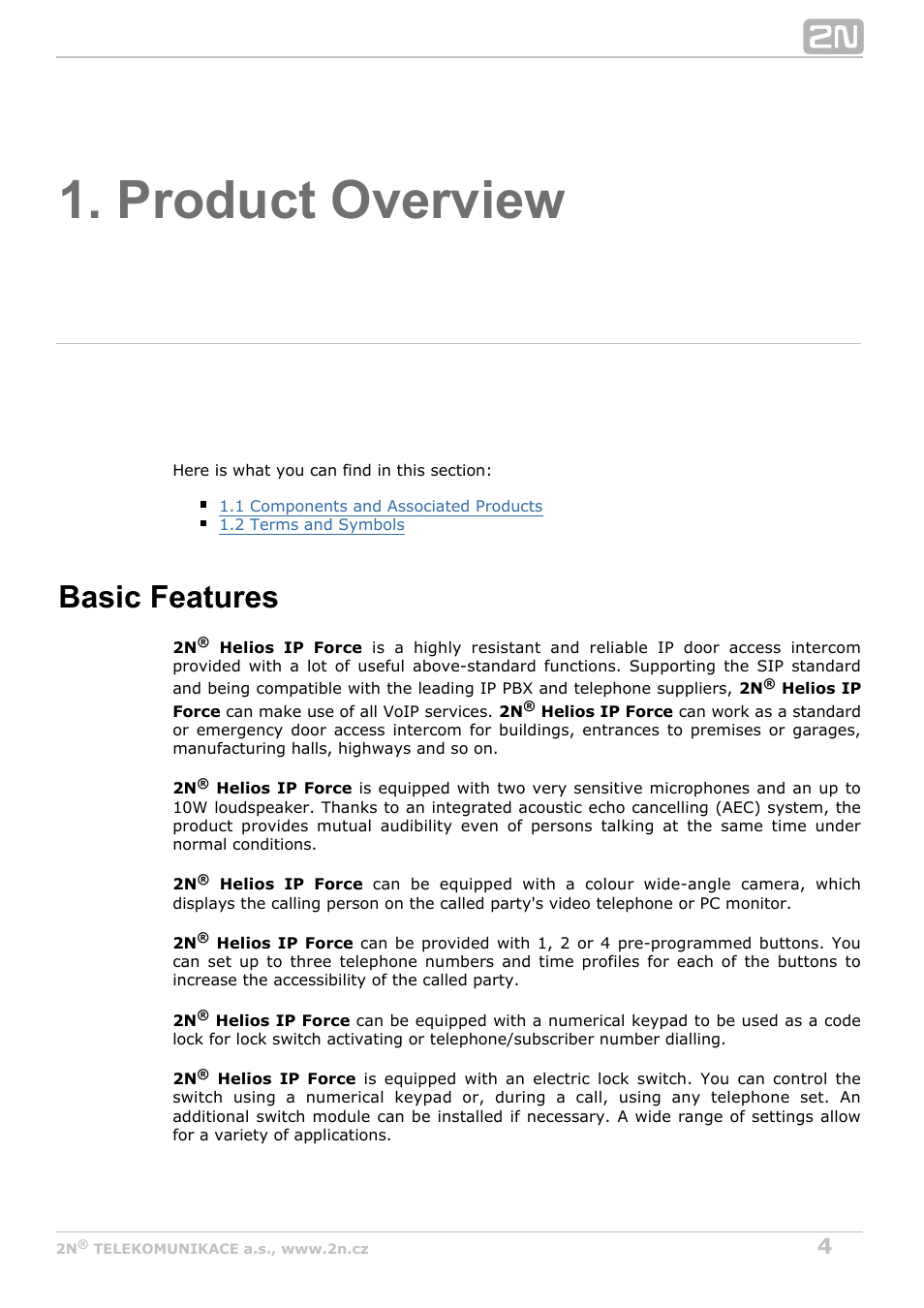 Product overview, Basic features | 2N Helios IP Force User Manual | Page 4 / 65