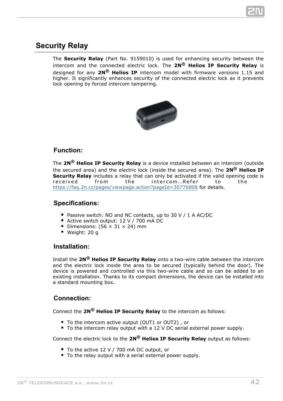 Security relay, Function, Specifications | Installation, Connection | 2N Helios IP Force User Manual | Page 42 / 65