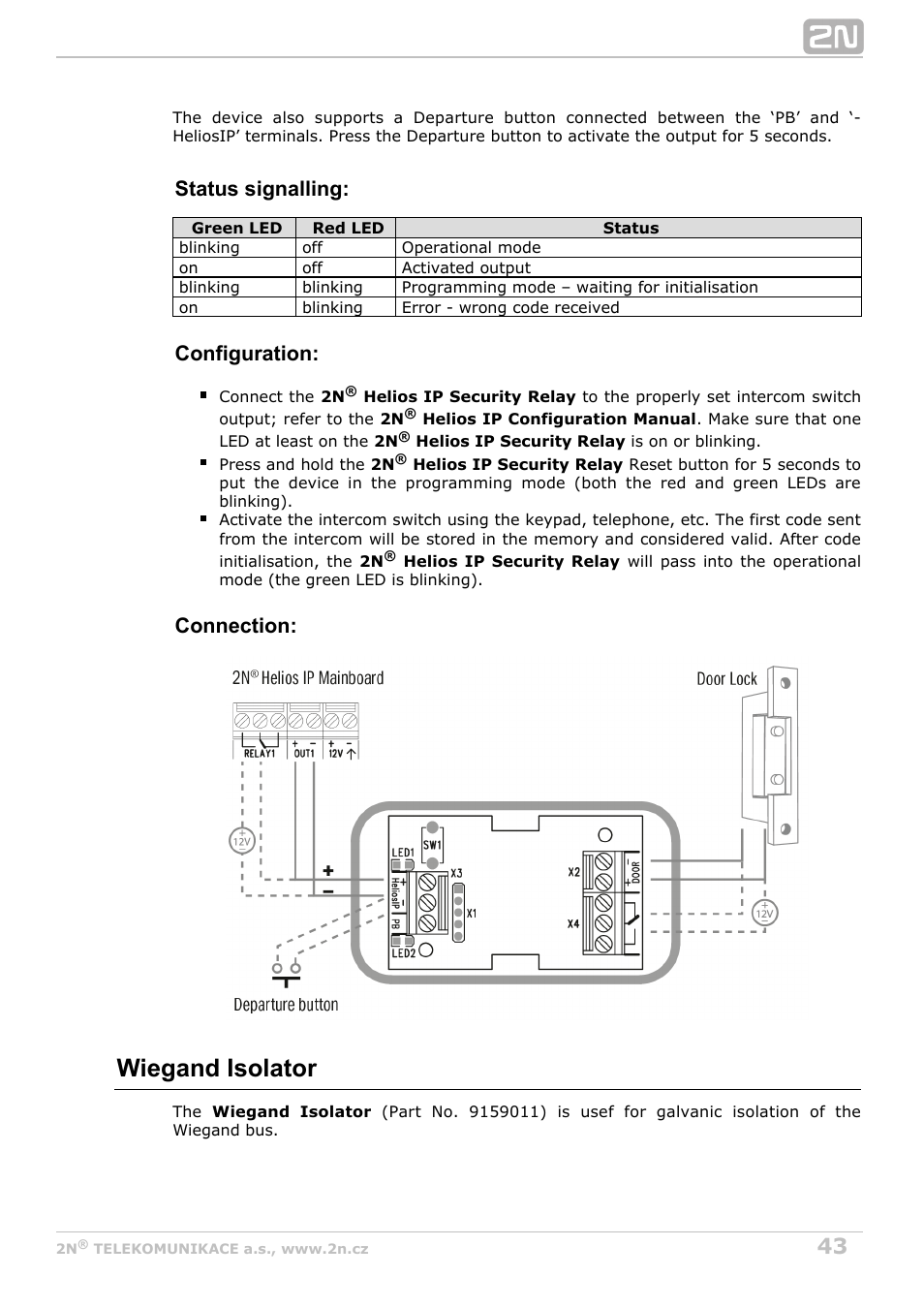 Wiegand isolator, Status signalling, Configuration | Connection | 2N Helios IP Force User Manual | Page 43 / 65