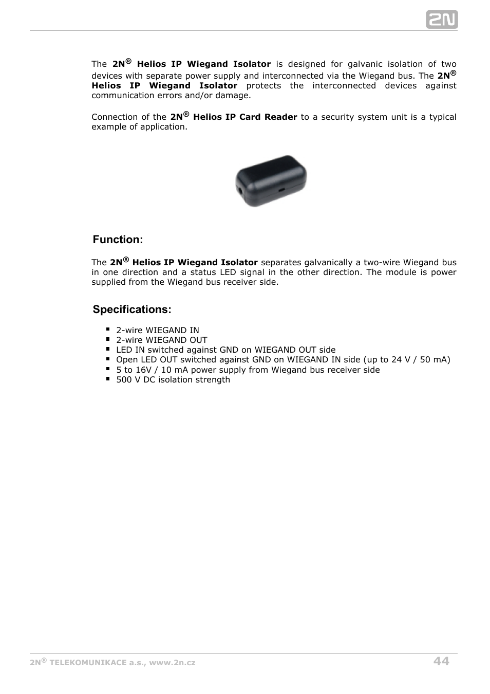 Function, Specifications | 2N Helios IP Force User Manual | Page 44 / 65