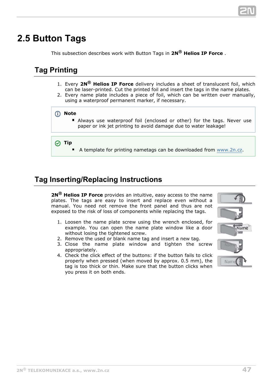 5 button tags, Tag printing, Tag inserting/replacing instructions | 2N Helios IP Force User Manual | Page 47 / 65