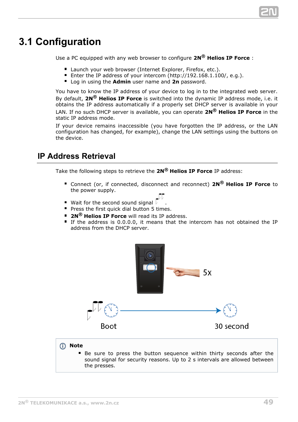 1 configuration, Ip address retrieval | 2N Helios IP Force User Manual | Page 49 / 65