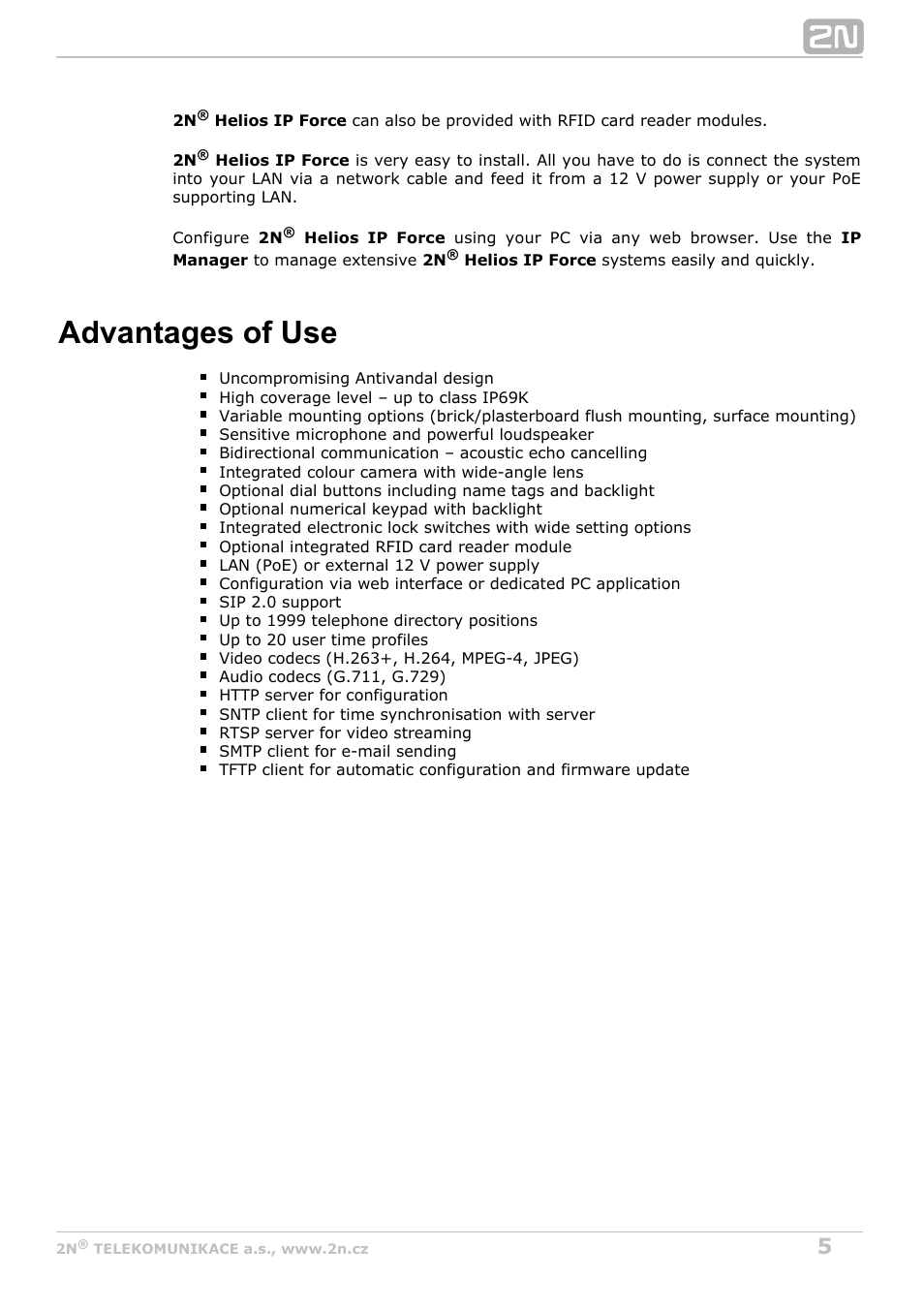 Advantages of use | 2N Helios IP Force User Manual | Page 5 / 65