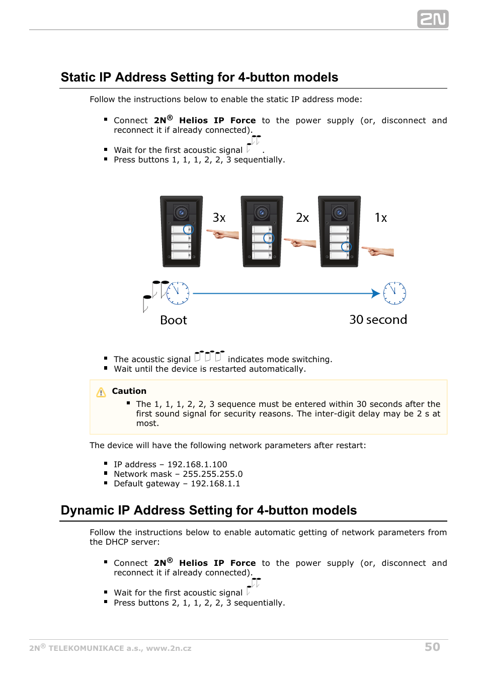 Static ip address setting for 4-button models, Dynamic ip address setting for 4-button models | 2N Helios IP Force User Manual | Page 50 / 65