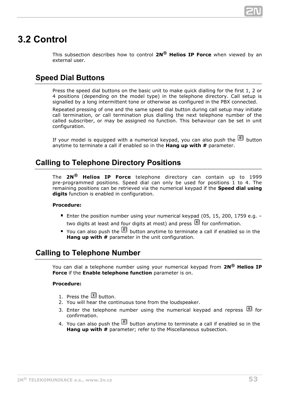 2 control, Speed dial buttons, Calling to telephone directory positions | Calling to telephone number | 2N Helios IP Force User Manual | Page 53 / 65