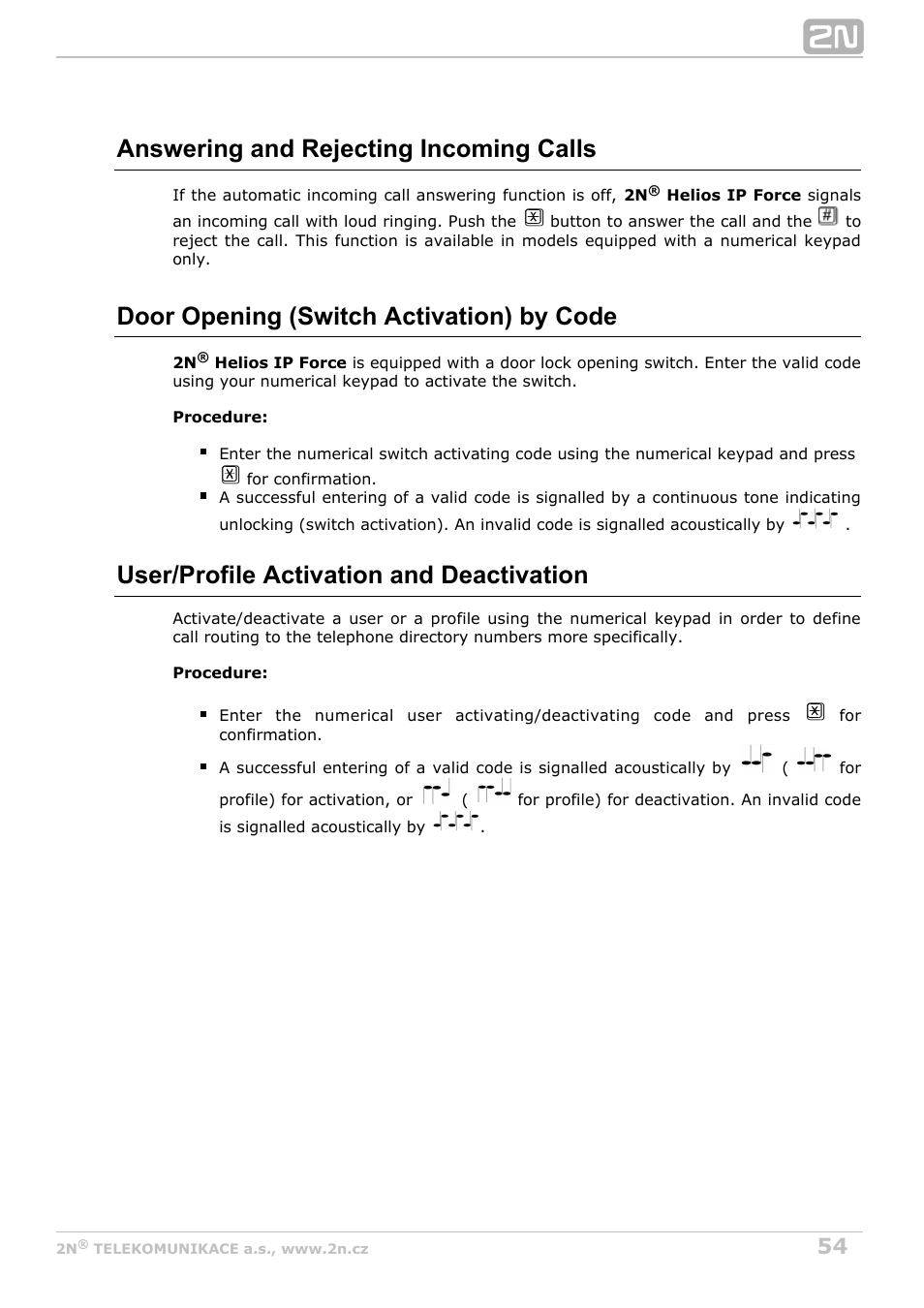 Answering and rejecting incoming calls, Door opening (switch activation) by code, User/profile activation and deactivation | 2N Helios IP Force User Manual | Page 54 / 65