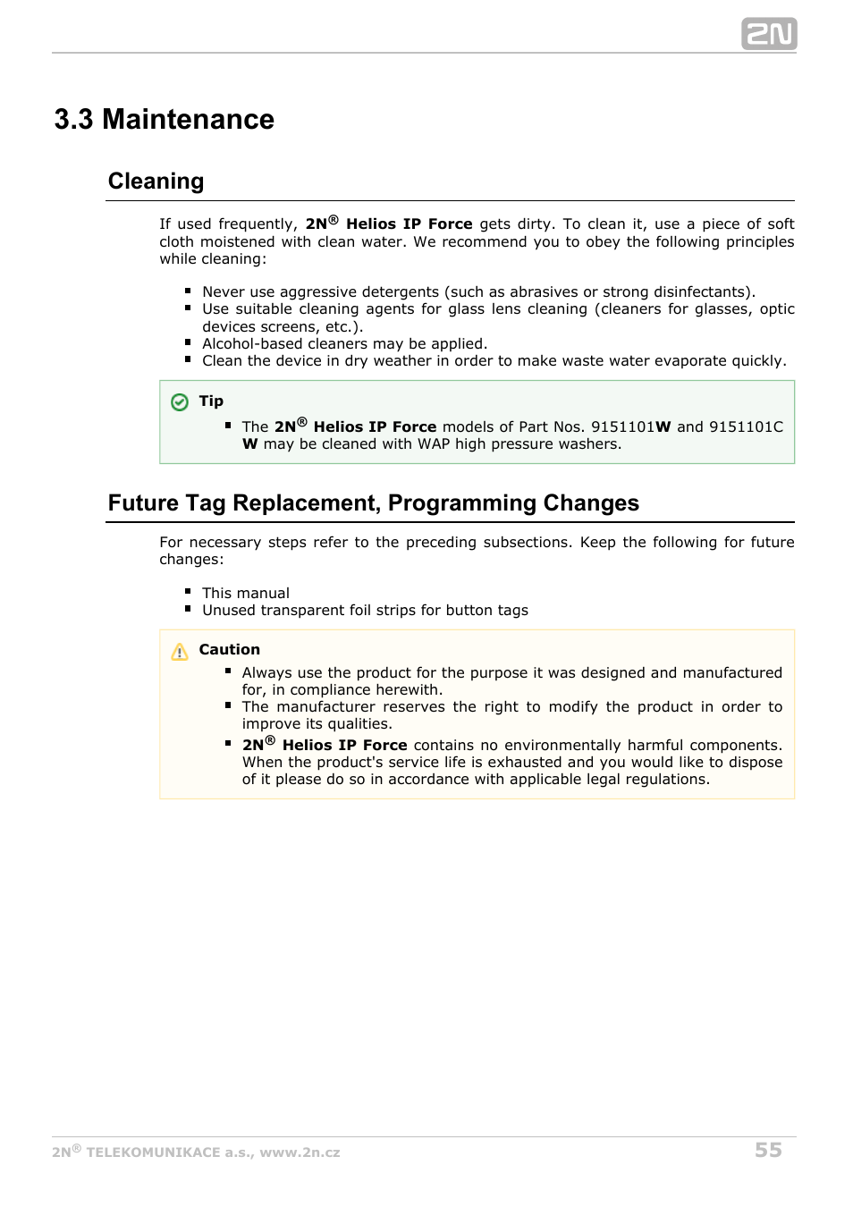 3 maintenance, Cleaning, Future tag replacement, programming changes | 2N Helios IP Force User Manual | Page 55 / 65