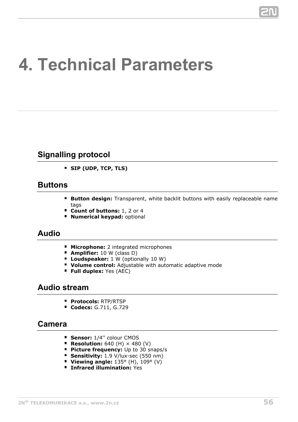 Technical parameters, Signalling protocol, Buttons | Audio, Audio stream, Camera | 2N Helios IP Force User Manual | Page 56 / 65