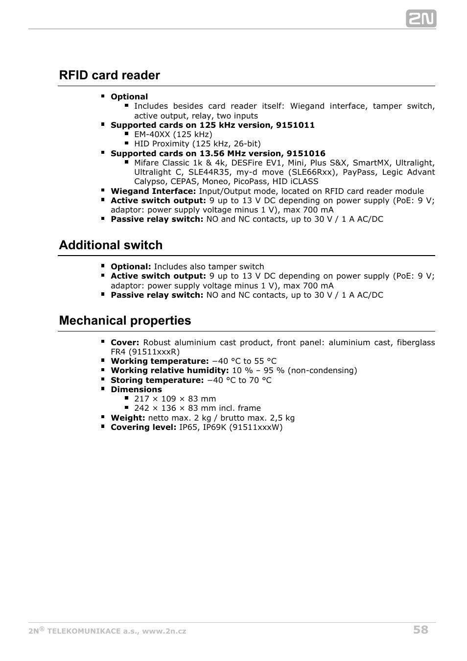 Rfid card reader, Additional switch, Mechanical properties | 2N Helios IP Force User Manual | Page 58 / 65