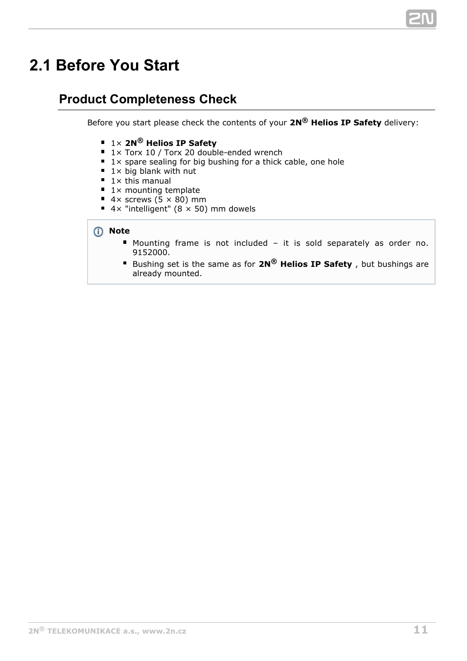 1 before you start, Product completeness check | 2N Helios IP Safety User Manual | Page 11 / 45