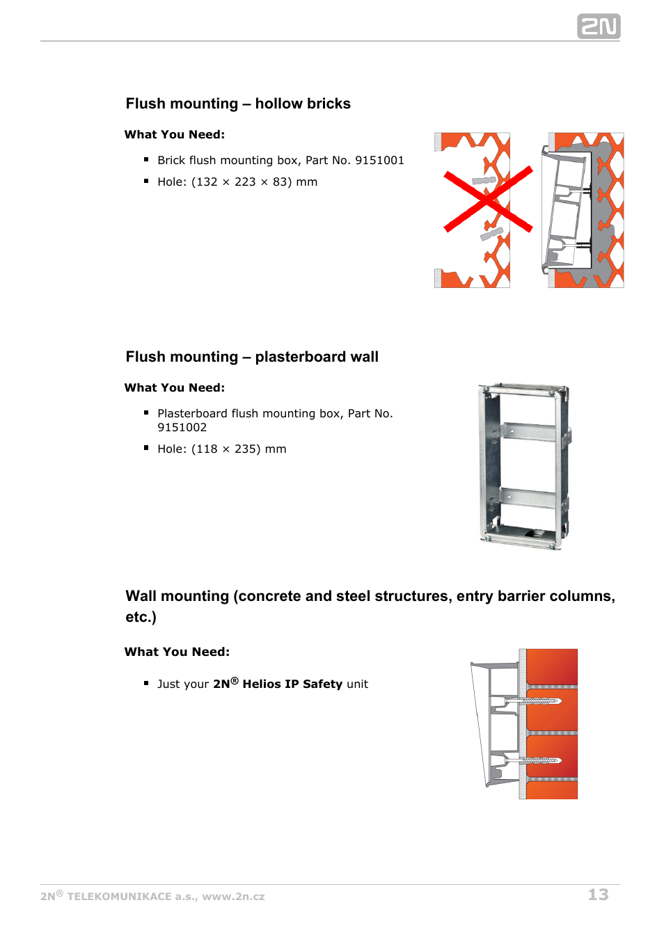 Flush mounting – hollow bricks, Flush mounting – plasterboard wall | 2N Helios IP Safety User Manual | Page 13 / 45