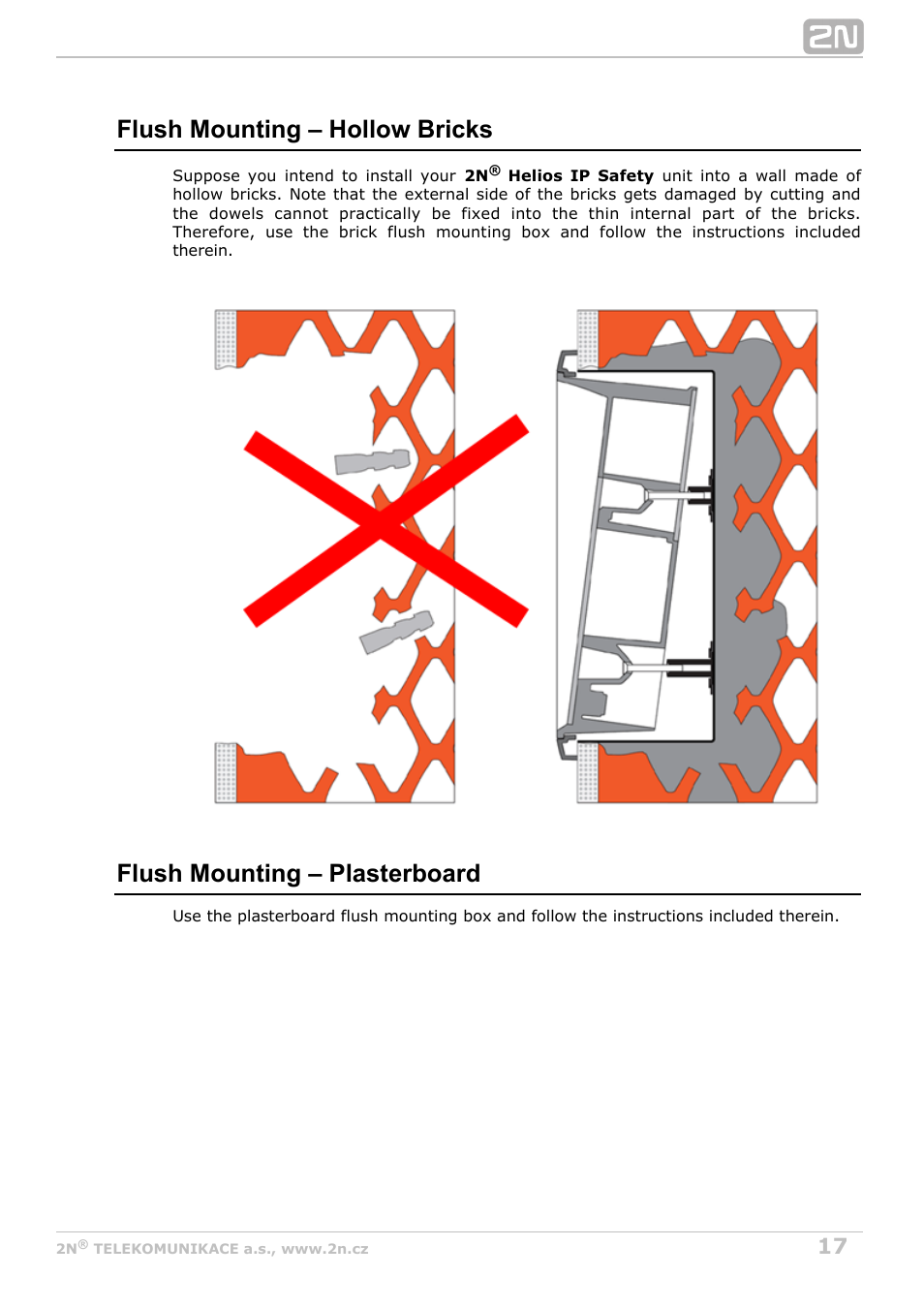Flush mounting – hollow bricks, Flush mounting – plasterboard | 2N Helios IP Safety User Manual | Page 17 / 45