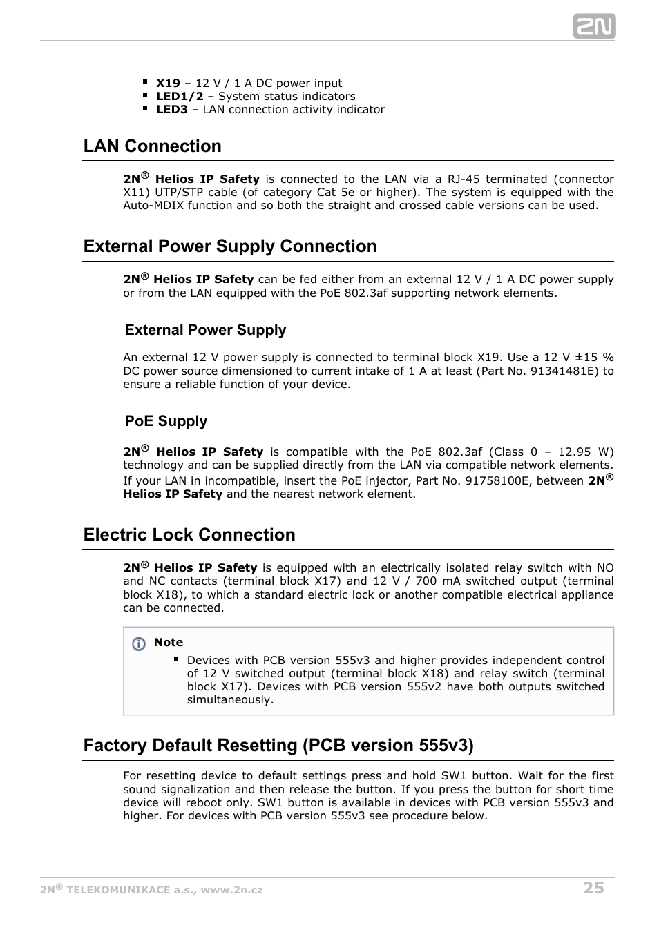 Lan connection, External power supply connection, Electric lock connection | Factory default resetting (pcb version 555v3), External power supply, Poe supply | 2N Helios IP Safety User Manual | Page 25 / 45