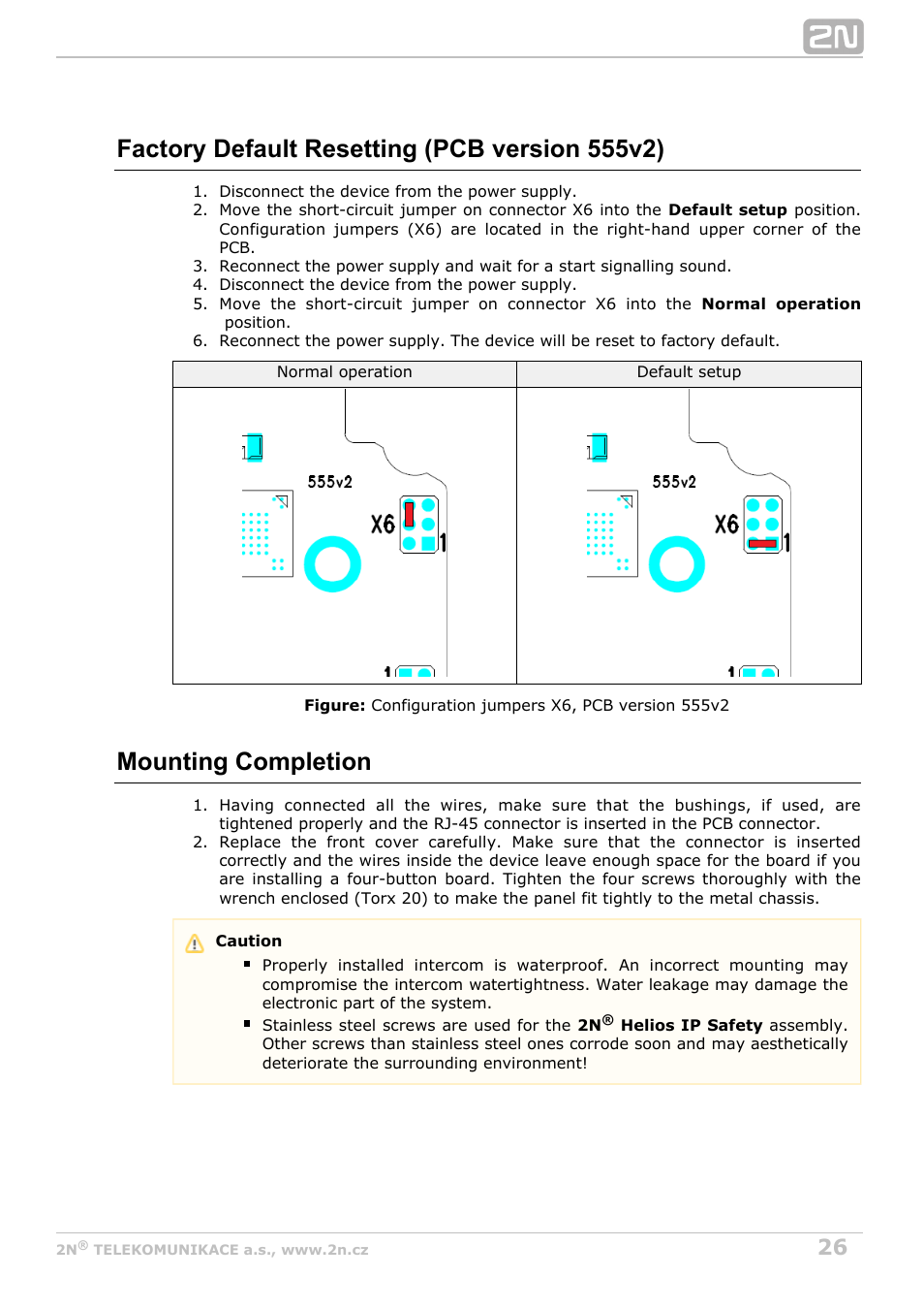 Factory default resetting (pcb version 555v2), Mounting completion | 2N Helios IP Safety User Manual | Page 26 / 45