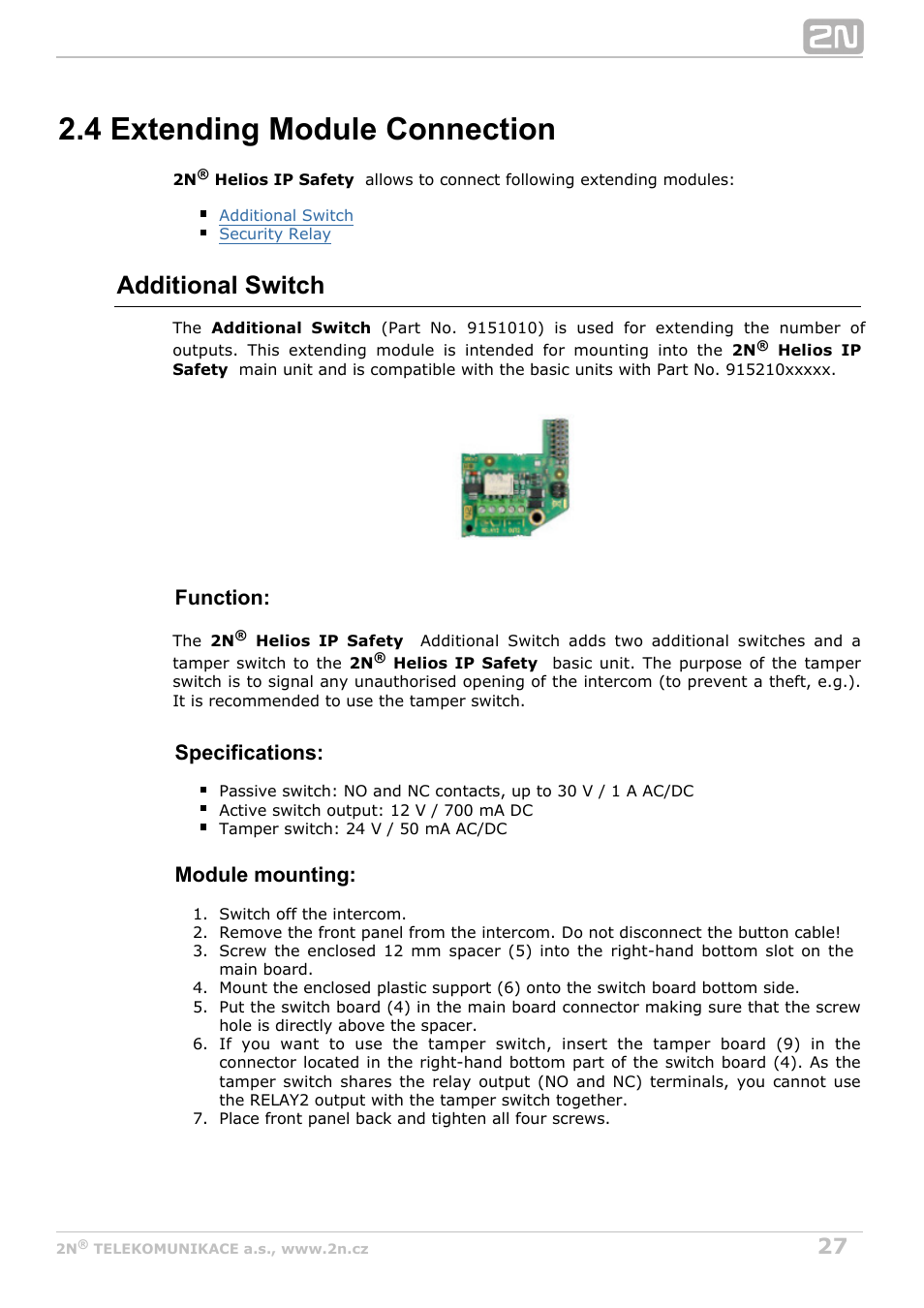 4 extending module connection, Additional switch, Function | Specifications, Module mounting | 2N Helios IP Safety User Manual | Page 27 / 45