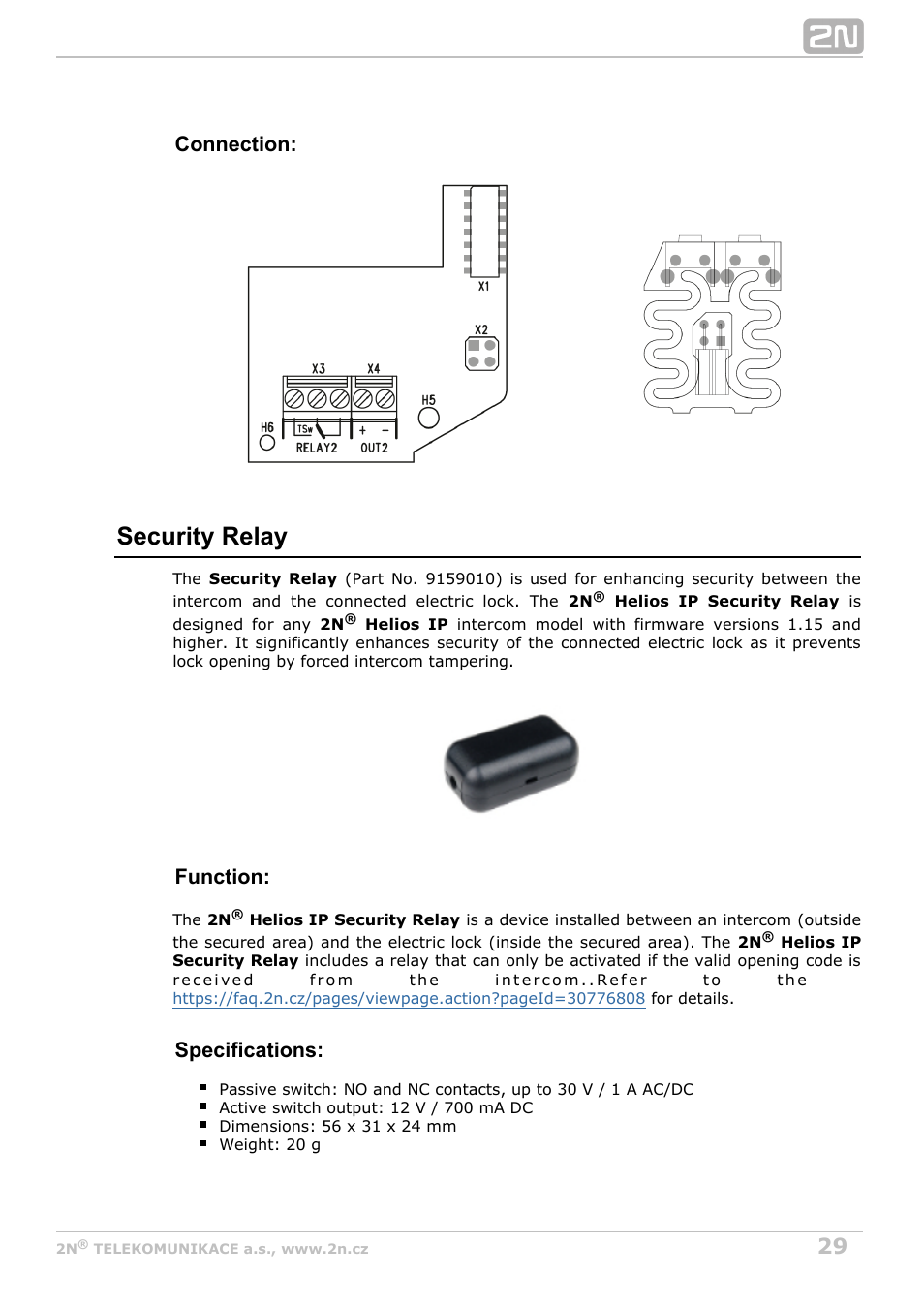 Security relay, Connection, Function | Specifications | 2N Helios IP Safety User Manual | Page 29 / 45
