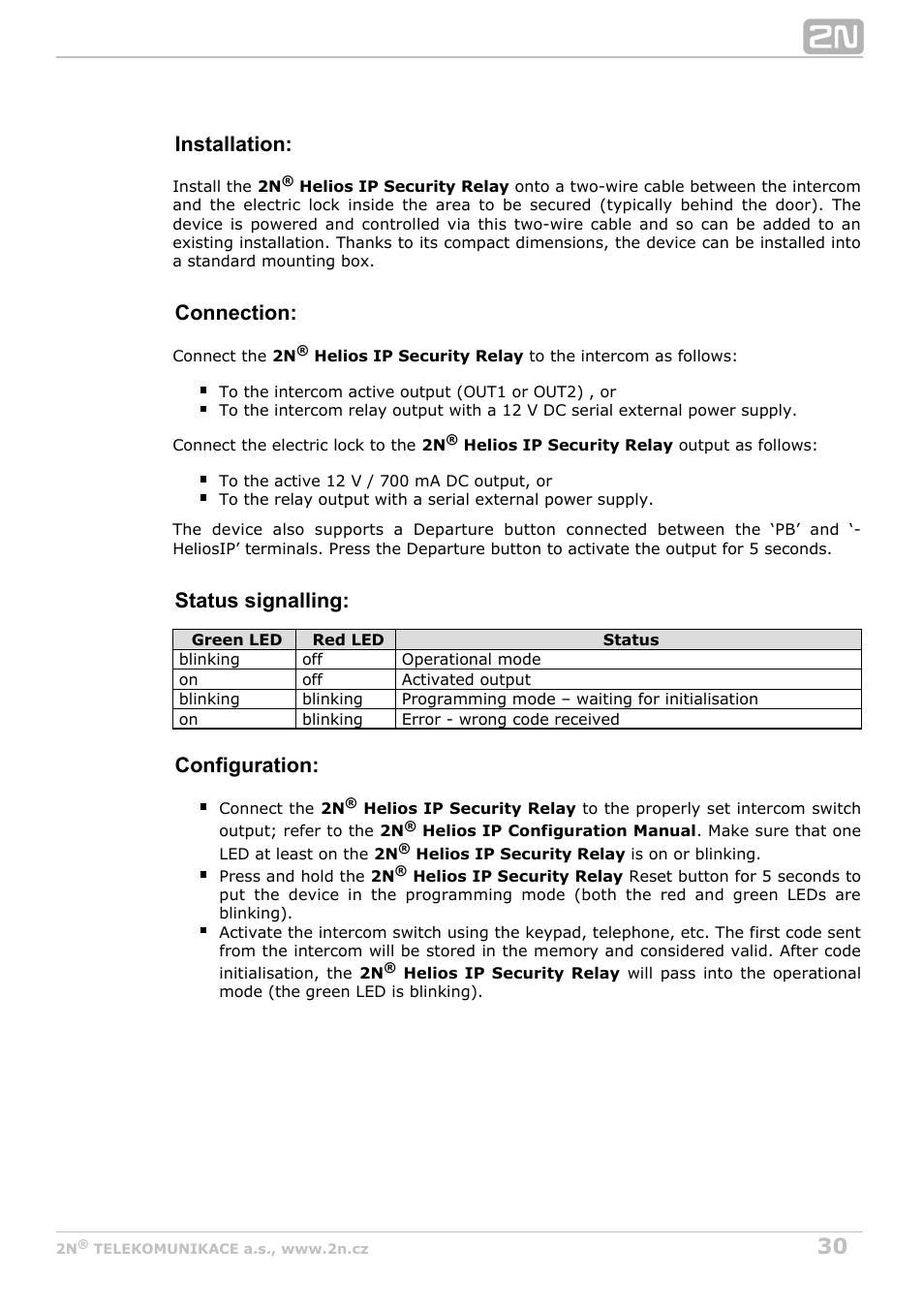 Installation, Connection, Status signalling | Configuration | 2N Helios IP Safety User Manual | Page 30 / 45