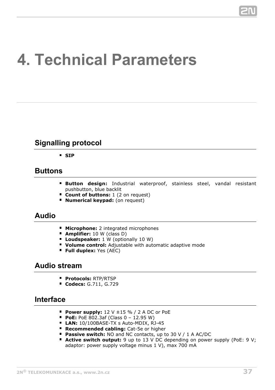 Technical parameters | 2N Helios IP Safety User Manual | Page 37 / 45