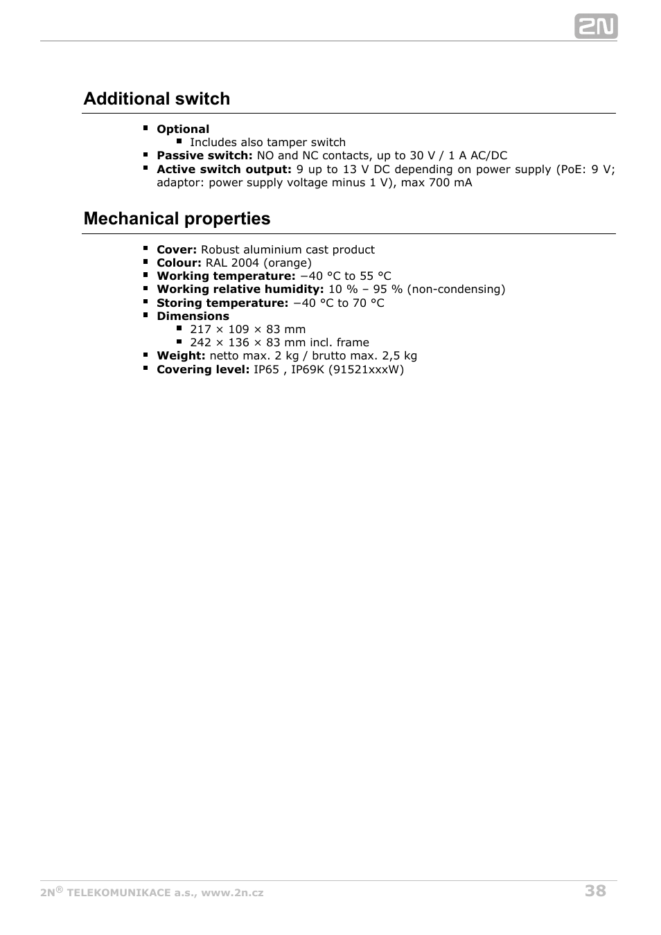 Additional switch, Mechanical properties | 2N Helios IP Safety User Manual | Page 38 / 45